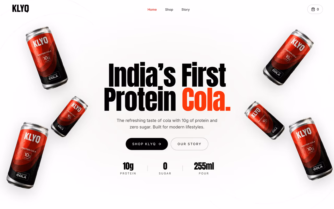 KLYQ protein cola website homepage